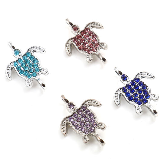 Bild von Zinklegierung Ozean Schmuck Verbinder Schildkröte Silberfarbe Micro Pave, Bunt Strass 21mm x 15mm, 5 Stück