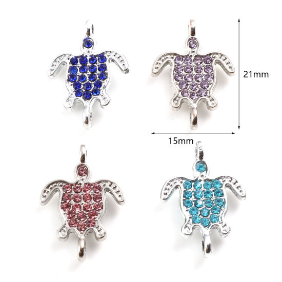 Bild von Zinklegierung Ozean Schmuck Verbinder Schildkröte Silberfarbe Micro Pave, Bunt Strass 21mm x 15mm, 5 Stück