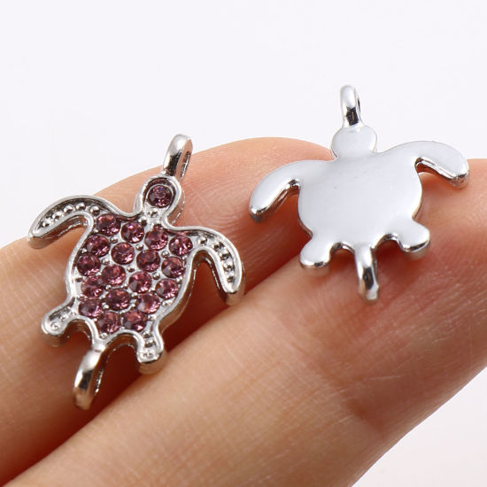 Bild von Zinklegierung Ozean Schmuck Verbinder Schildkröte Silberfarbe Micro Pave, Bunt Strass 21mm x 15mm, 5 Stück
