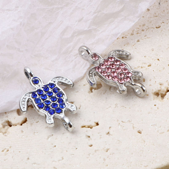 Bild von Zinklegierung Ozean Schmuck Verbinder Schildkröte Silberfarbe Micro Pave, Bunt Strass 21mm x 15mm, 5 Stück
