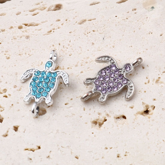 Bild von Zinklegierung Ozean Schmuck Verbinder Schildkröte Silberfarbe Micro Pave, Bunt Strass 21mm x 15mm, 5 Stück