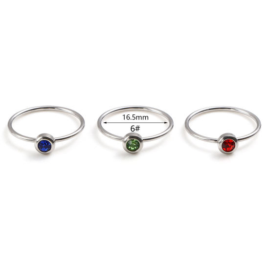 Image de Bagues en Acier Inoxydable Pierres de Naissance Non Ajustable Argent Mat Annulaire à Strass Coloré 16.5mm (Taille d'US 6) , 1 Pièce