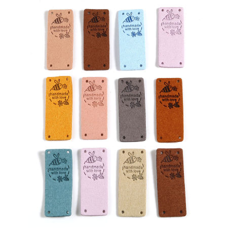 Microfiber Insect Label Tags Rectangle Multicolor Bee Pattern " Hand Made With Love " Faux Suede 50mm x 20mm , 10 PCs