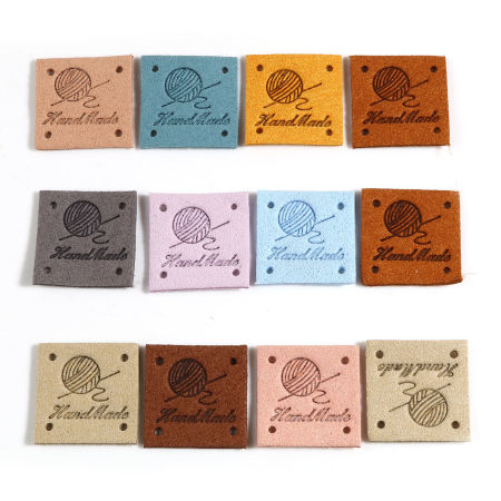 Microfiber Label Tags Ball of yarn Multicolor Square Pattern " Handmade " Faux Suede 25mm x 25mm , 20 PCs
