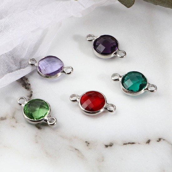 Picture of Brass & Glass Birthstone Connectors Silver Tone Multicolor Round Faceted 15mm x 9mm, 5 PCs                                                                                                                                                                    