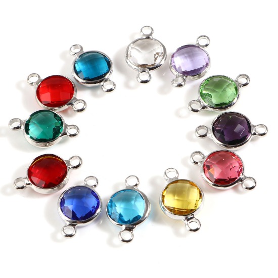 Picture of Brass & Glass Birthstone Connectors Silver Tone Multicolor Round Faceted 15mm x 9mm, 5 PCs                                                                                                                                                                    