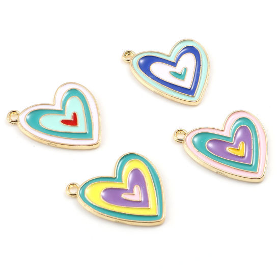 Immagine di Lega di Zinco San Valentino Charms Cuore Oro Placcato Multicolore Smalto 21mm x 19mm , 10 Pz