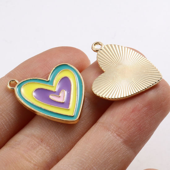 Immagine di Lega di Zinco San Valentino Charms Cuore Oro Placcato Multicolore Smalto 21mm x 19mm , 10 Pz