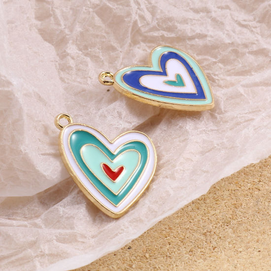 Immagine di Lega di Zinco San Valentino Charms Cuore Oro Placcato Multicolore Smalto 21mm x 19mm , 10 Pz