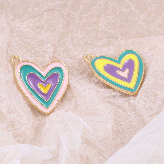 Immagine di Lega di Zinco San Valentino Charms Cuore Oro Placcato Multicolore Smalto 21mm x 19mm , 10 Pz