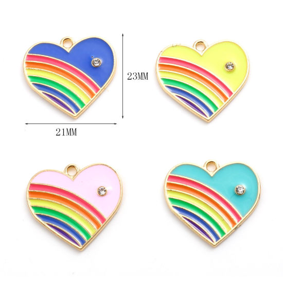 Immagine di Lega di Zinco San Valentino Charms Cuore Multicolore Arcobaleno Bianco Strass 23mm x 21mm , 10 Pz
