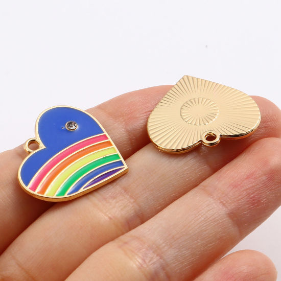 Immagine di Lega di Zinco San Valentino Charms Cuore Multicolore Arcobaleno Bianco Strass 23mm x 21mm , 10 Pz
