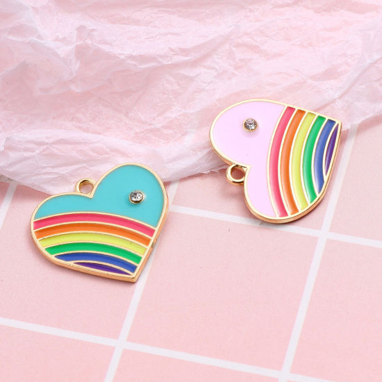 Immagine di Lega di Zinco San Valentino Charms Cuore Multicolore Arcobaleno Bianco Strass 23mm x 21mm , 10 Pz