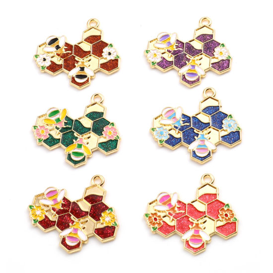 Immagine di Lega di Zinco Insetto Ciondoli L'alveare Oro Placcato Multicolore Ape Smalto 3cm x 2.8cm , 10 Pz