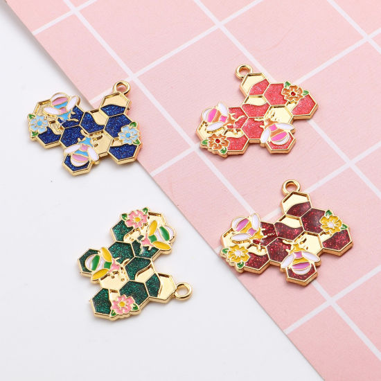 Immagine di Lega di Zinco Insetto Ciondoli L'alveare Oro Placcato Multicolore Ape Smalto 3cm x 2.8cm , 10 Pz