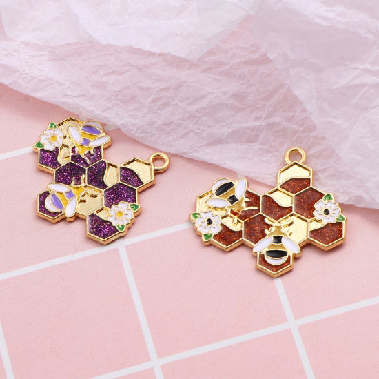 Immagine di Lega di Zinco Insetto Ciondoli L'alveare Oro Placcato Multicolore Ape Smalto 3cm x 2.8cm , 10 Pz