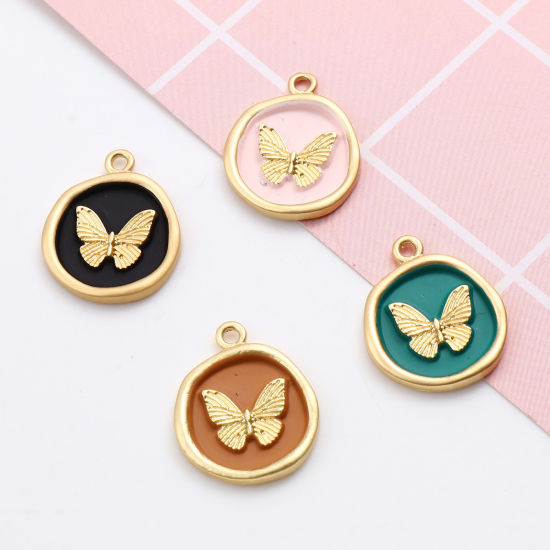 Immagine di Lega di Zinco Insetto Tondo Oro Opaco Multicolore Farfalla 22mm x 18mm , 5 Pz