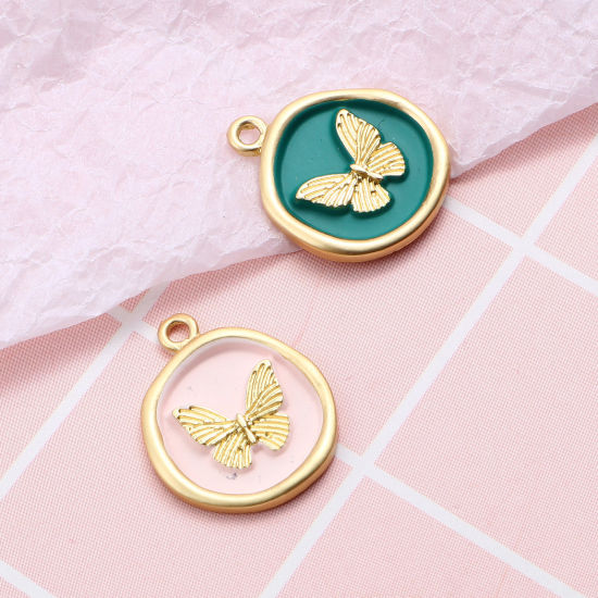 Immagine di Lega di Zinco Insetto Tondo Oro Opaco Multicolore Farfalla 22mm x 18mm , 5 Pz