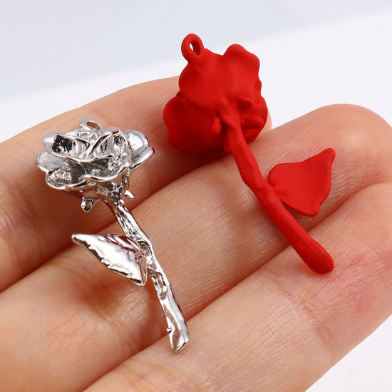 Picture of Zinc Based Alloy Valentine's Day Pendants Rose Flower Multicolor Painted 3.2cm x 1.3cm, 5 PCs