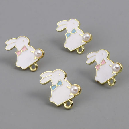 Zinc Based Alloy & Acrylic Ear Post Stud Earrings Findings Rabbit Animal Gold Plated Multicolor W/ Loop 21mm x 15mm, 6 PCs