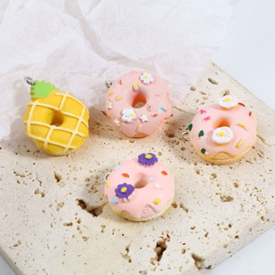 Bild von Harz Charms Donut Silberfarbe Bunt 26mm x 23mm, 5 Stück