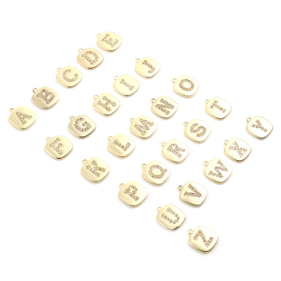Immagine di Ottone Micro Intarsio Charms Oro Placcato Quadrato Lettera Maiuscola Trasparente Cubic Zirconiae 10mm x 9mm,