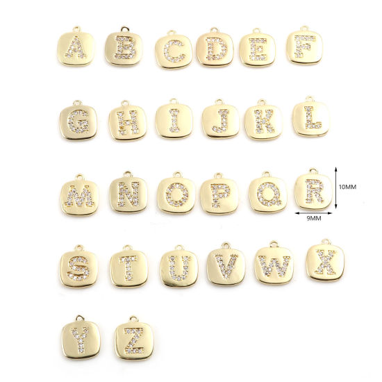 Immagine di Ottone Micro Intarsio Charms Oro Placcato Quadrato Lettera Maiuscola Trasparente Cubic Zirconiae 10mm x 9mm,