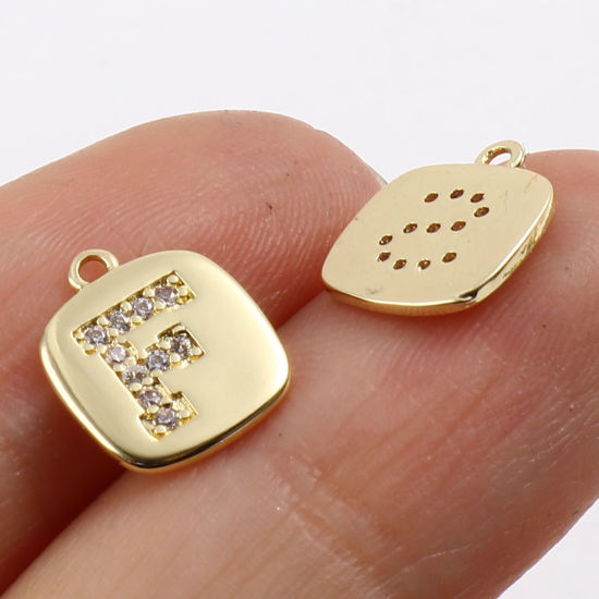 Immagine di Ottone Micro Intarsio Charms Oro Placcato Quadrato Lettera Maiuscola Trasparente Cubic Zirconiae 10mm x 9mm,
