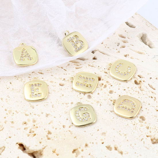 Immagine di Ottone Micro Intarsio Charms Oro Placcato Quadrato Lettera Maiuscola Trasparente Cubic Zirconiae 10mm x 9mm,