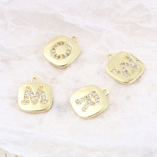 Immagine di Ottone Micro Intarsio Charms Oro Placcato Quadrato Lettera Maiuscola Trasparente Cubic Zirconiae 10mm x 9mm,