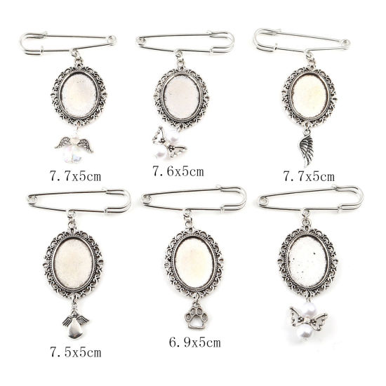 Picture of Zinc Based Alloy Cabochon Settings Pin Brooches Findings Pin Antique Silver Color Cabochon Settings 2 PCs