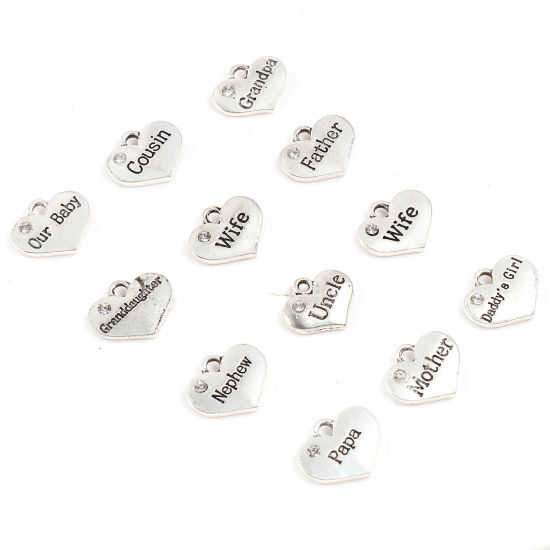Imagen de Zamak Familia Colgantes Charms Corazón Plata Antigua Transparente Rhinestone 10 Unidades