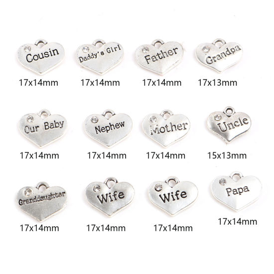 Imagen de Zamak Familia Colgantes Charms Corazón Plata Antigua Transparente Rhinestone 10 Unidades