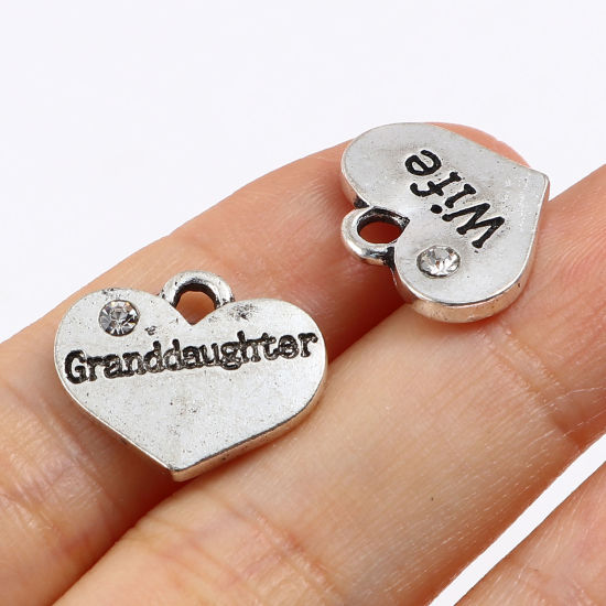 Imagen de Zamak Familia Colgantes Charms Corazón Plata Antigua Transparente Rhinestone 10 Unidades