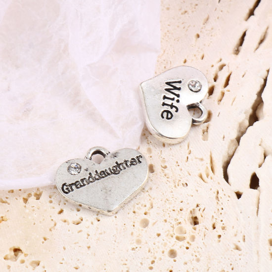 Imagen de Zamak Familia Colgantes Charms Corazón Plata Antigua Transparente Rhinestone 10 Unidades
