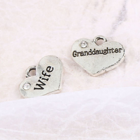 Imagen de Zamak Familia Colgantes Charms Corazón Plata Antigua Transparente Rhinestone 10 Unidades