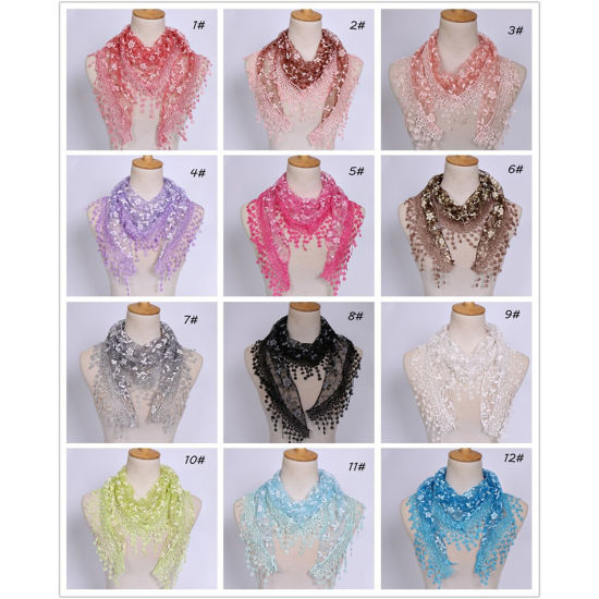 Picture of 1# Spring Polyester Retro Lace Embroidered Tassel Women's Triangle Scarf Shawl Wrap