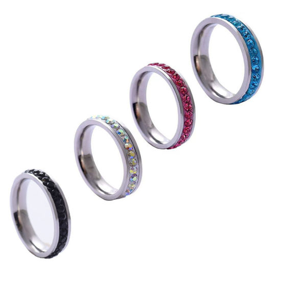 Picture of 201 Stainless Steel Micro Pave Unadjustable Rings Silver Tone Multicolor Rhinestone