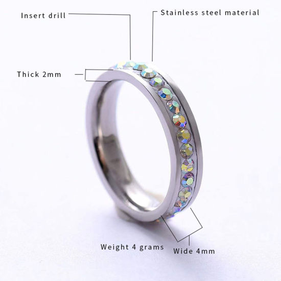 Picture of 201 Stainless Steel Micro Pave Unadjustable Rings Silver Tone Multicolor Rhinestone