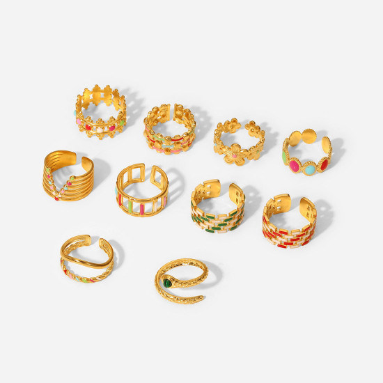 Image de Respectueux de la Nature À la Mode Bagues Ouvert Bague Enroulée Ajoustable Élégant en 304 Acier Inoxydable Plaqué Or 18K Multicolore Émail Pour Femmes 1 Pièce