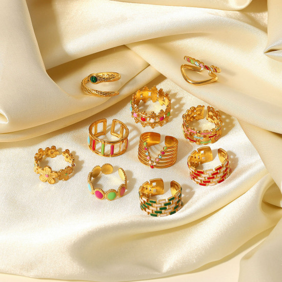 Image de Respectueux de la Nature À la Mode Bagues Ouvert Bague Enroulée Ajoustable Élégant en 304 Acier Inoxydable Plaqué Or 18K Multicolore Émail Pour Femmes 1 Pièce