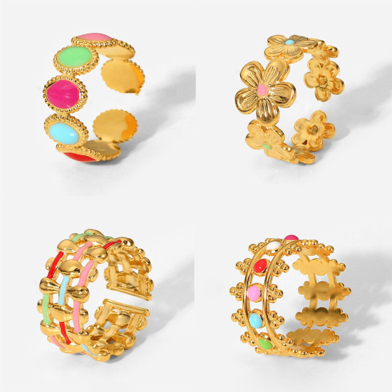 Image de Respectueux de la Nature À la Mode Bagues Ouvert Bague Enroulée Ajoustable Élégant en 304 Acier Inoxydable Plaqué Or 18K Multicolore Émail Pour Femmes 1 Pièce
