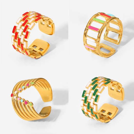 Image de Respectueux de la Nature À la Mode Bagues Ouvert Bague Enroulée Ajoustable Élégant en 304 Acier Inoxydable Plaqué Or 18K Multicolore Émail Pour Femmes 1 Pièce
