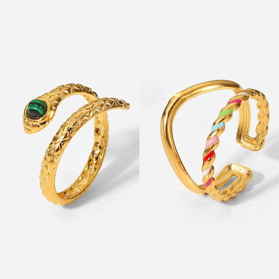 Image de Respectueux de la Nature À la Mode Bagues Ouvert Bague Enroulée Ajoustable Élégant en 304 Acier Inoxydable Plaqué Or 18K Multicolore Émail Pour Femmes 1 Pièce