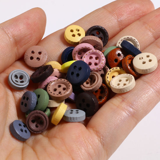 Picture of Natural Wood Sewing Buttons Scrapbooking 4 Holes Round Multicolor 100 PCs