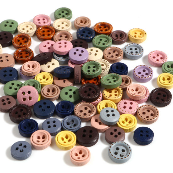 Picture of Natural Wood Sewing Buttons Scrapbooking 4 Holes Round Multicolor 100 PCs