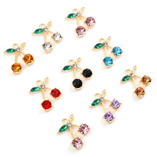 Immagine di Lega di Zinco Charms Ciliegia Oro Placcato Multicolore Cubic Zirconiae 19mm x 16mm , 10 Pz