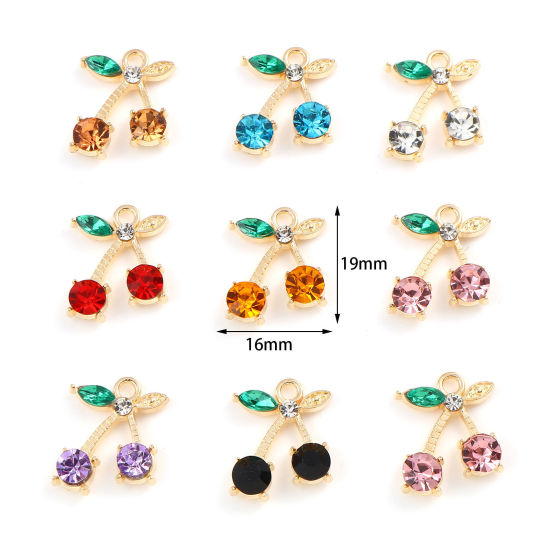 Immagine di Lega di Zinco Charms Ciliegia Oro Placcato Multicolore Cubic Zirconiae 19mm x 16mm , 10 Pz