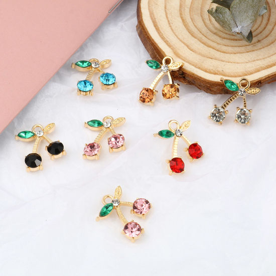 Immagine di Lega di Zinco Charms Ciliegia Oro Placcato Multicolore Cubic Zirconiae 19mm x 16mm , 10 Pz