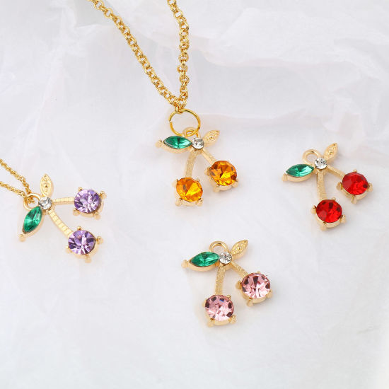 Immagine di Lega di Zinco Charms Ciliegia Oro Placcato Multicolore Cubic Zirconiae 19mm x 16mm , 10 Pz